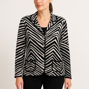 Chico’s Size 2 Jacket Cardigan Black White Zebra Print Button Front Knit Sweater